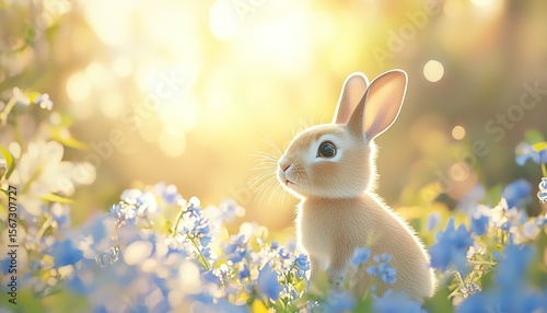 Rabbit in the meadow with blue flowers, Ai Generated