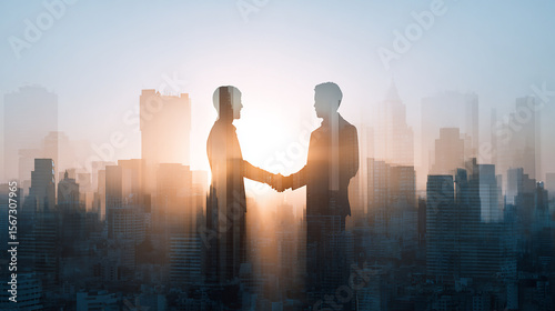 International business partners shaking hands in front of a city skyline with sunlight