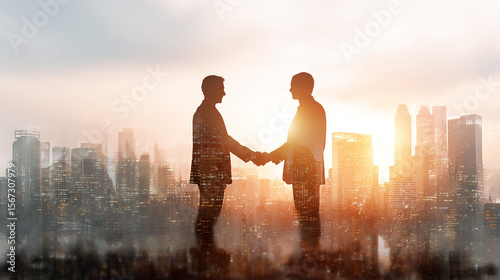 International business partners shaking hands in front of a city skyline with sunlight