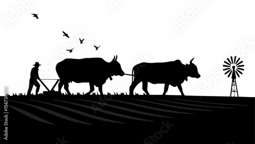 Silhouette of farmer plowing field with oxen near windmill and birds flying in a black and white scene