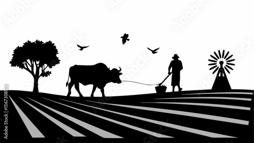 Silhouette of farmer plowing field with ox near windmill and tree under birds in black and white landscape