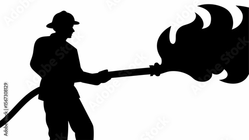 Silhouette of firefighter holding hose spraying water on fire in black and white illustration style image