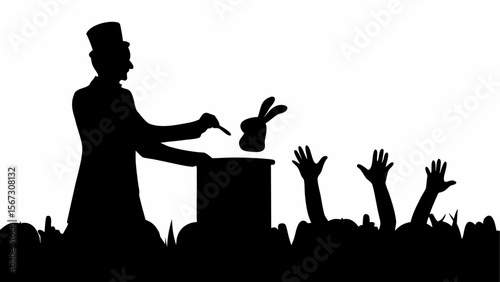 Silhouette of magician performing rabbit trick with audience hands raised in excitement and anticipation