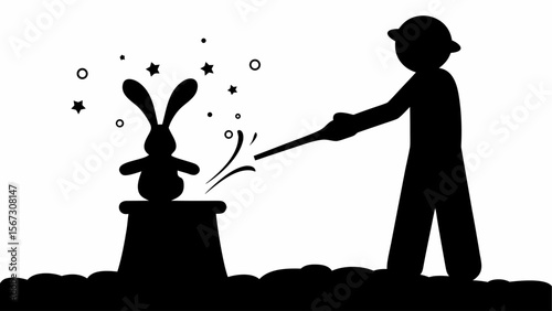 Silhouette of magician performing a trick with a rabbit, hat, wand, stars and circles on a white background