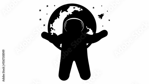 Silhouette of astronaut holding earth with stars and spaceship in black and white illustration art