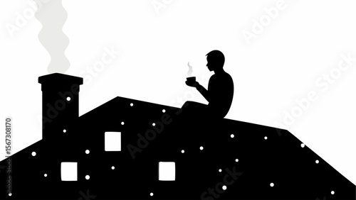 Silhouette of a person sitting on a roof with a cup near a chimney emitting smoke in black and white style