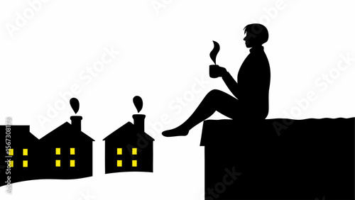 Silhouette of a person sitting on a rooftop with a cup of coffee overlooking houses with smoke coming out