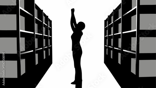 Silhouette of a woman reaching up between two tall bookshelves in a minimalist black and white design