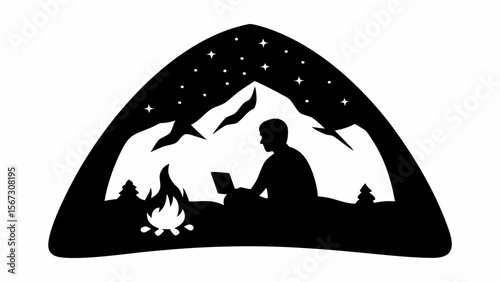 Silhouette of a person using a laptop in a mountain landscape with stars and a campfire at night time