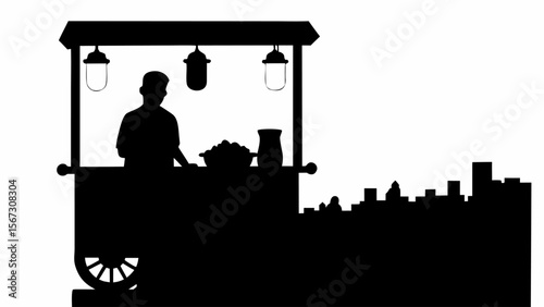 Silhouette of a street vendor with a cart and hanging lamps against a city skyline at night time view