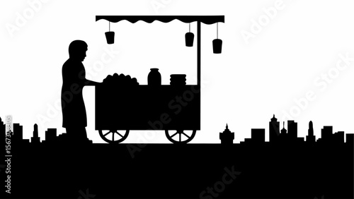 Silhouette of a street vendor with a cart against a city skyline in black and white illustration style
