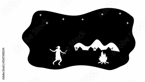 Silhouette of native american figure by campfire with teepees under a starry night sky landscape scene