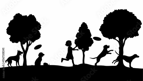 Silhouette of a girl playing frisbee with dogs in a park with trees and grass in black and white design