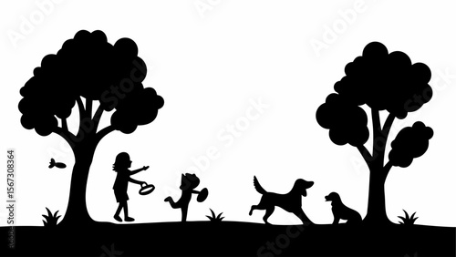 Silhouette illustration of children playing with dogs under trees in a park on a sunny day scene