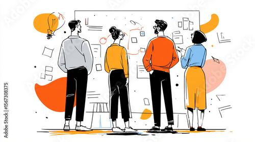 Team of coworkers brainstorming with puzzle shapes on a whiteboard, planning a solution together in a startup workspace