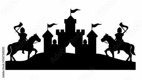 Silhouette illustration of a castle with flags and two knights on horseback holding flags near it