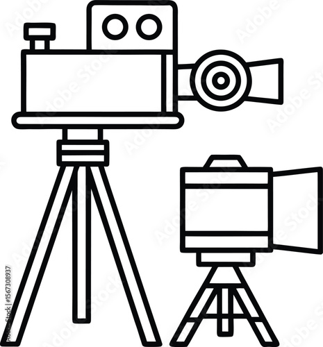 Vintage Filmmaking Equipment Retro Camera and Lighting Setup on Tripods