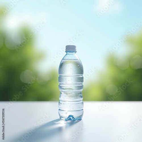 Plastic water bottle with condensation droplets on white surface, outdoor blurred green background, hydration and refreshment concept
