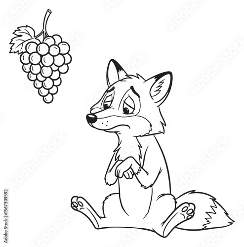 Cartoon Illustration of the Fox and the Grapes Fable in Black and White