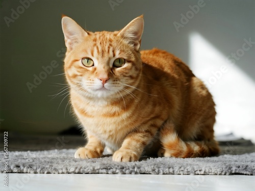 Photograph of an orange cat sitting on a grey rug, with a cute face, looking at the camera.