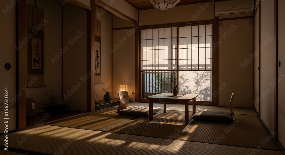 Fototapeta premium Tranquil Japanese Room Traditional Design & Serene Interior with Natural Light and Authentic Tatami Mats