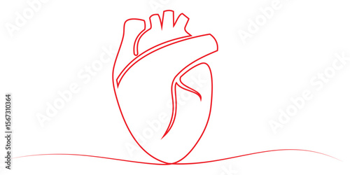 Heart. Continuous one line drawing of red Heart Health Icon. Hand drawn symbol vector illustration.