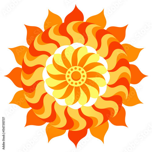 - A radiant fiery mandala with vibrant orange and yellow patterns, resembling a solar bloom of warmth and light.