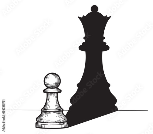 Chess Pawn Casting a Queen's Shadow in a Detailed Line Art Illustration