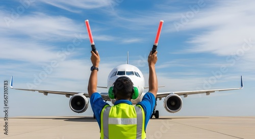 Airport Ground Crew Directing Airplane Taxiing on Runway