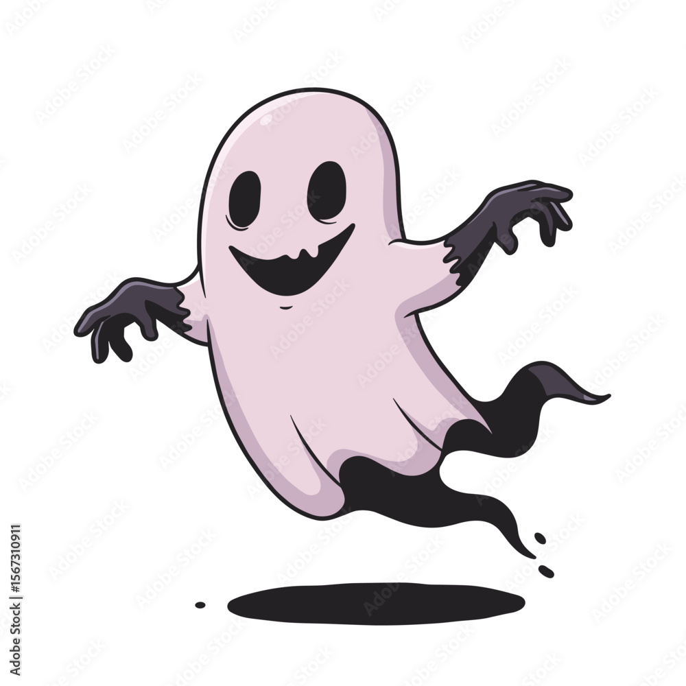 Fototapeta premium Playful cartoon ghost with light pink body and claw-like black hands, floating mischievously with a shadow beneath it.