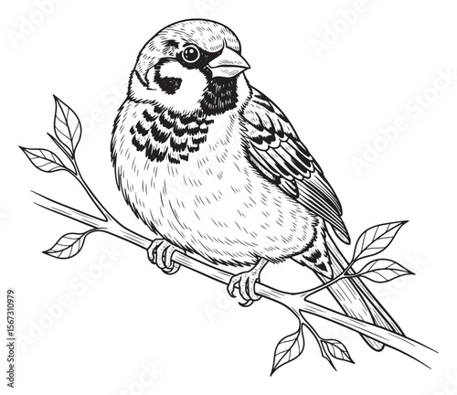 Illustration of a Sparrow Perched on a Branch with Leaves, Black and White Outline