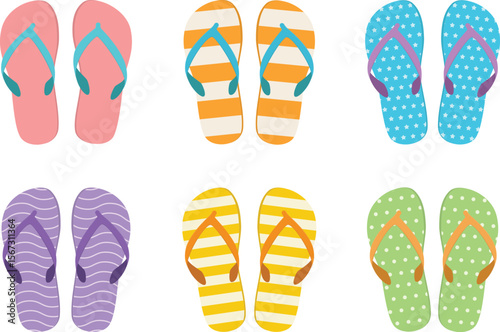 Flat Vector Illustration Set of Colorful Summer Flip Flops with Stripes, Dots, and Star Patterns for Beach Vacation and Web Design