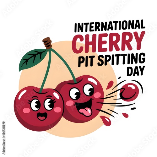 Cute, cartoon cherries with expressive faces are depicted celebrating International Cherry Pit Spitting Day.