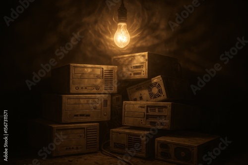 The weight of Progress: an abstract composition which uses a light bulb illuminating a pile of outdated machinery and old electronics.