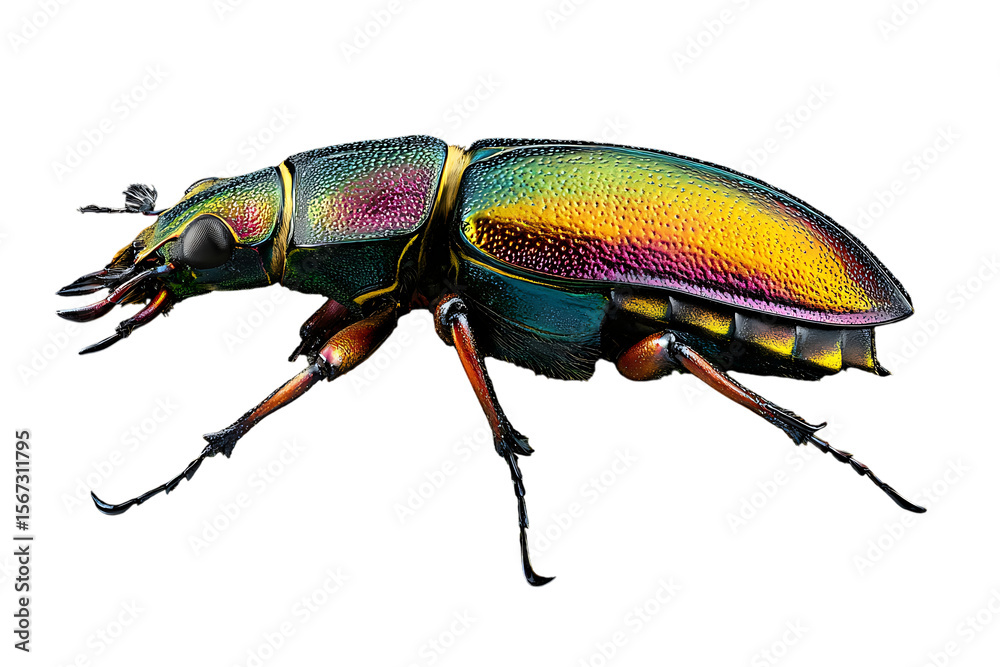 Detailed macro photograph of a jewel beetle with iridescent metallic rainbow colors on a transparent background Detailed macro photograph of a jewel beetle with iridescent metallic rainbow colors on a transparent background