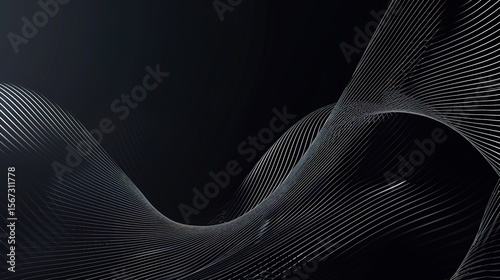Abstract black background with silver lines in the shape of waves, design for a technology or digital concept presentation.