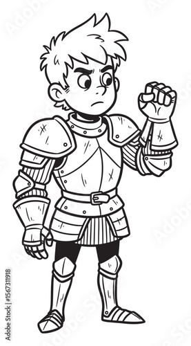 Cartoon Drawing of a Young Knight in Shining Armor with a Grumpy Expression