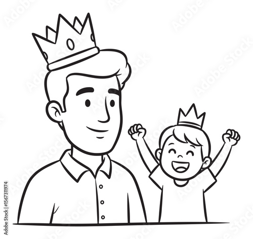 Father and Son Wearing Crowns, Outlined Illustration