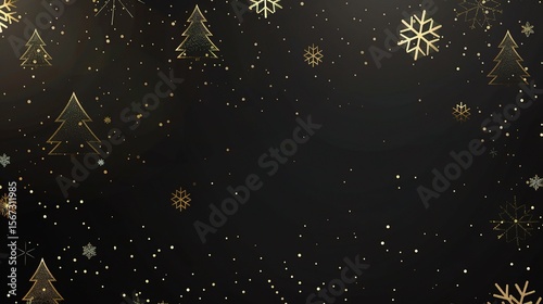  Christmas background with golden snowflakes and Christmas trees on a black background, perfetr for web design, presentation, banner, print, or poster. 