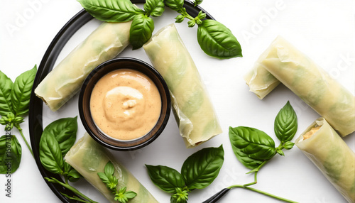 Fresh spring rolls with creamy dipping sauce arranged on a white surface, accompanied by fresh basil leaves and vibrant green herbs, showcasing healthy Asian cuisine in natural light