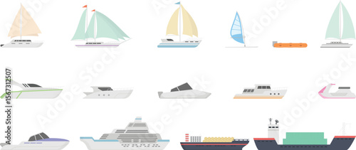 Flat Vector Illustration Set of Various Boats and Yachts Including Sailboats, Speedboats, Cruise Ship, and Jet Ski for Nautical Infographic, Template, and Web Design