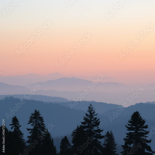 Serene mountain landscape at sunset featuring layered mountain ranges fading into the distance under a pastel-colored sky