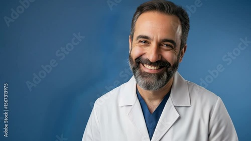 Confident male doctor with beard smiling in white coat against blue background