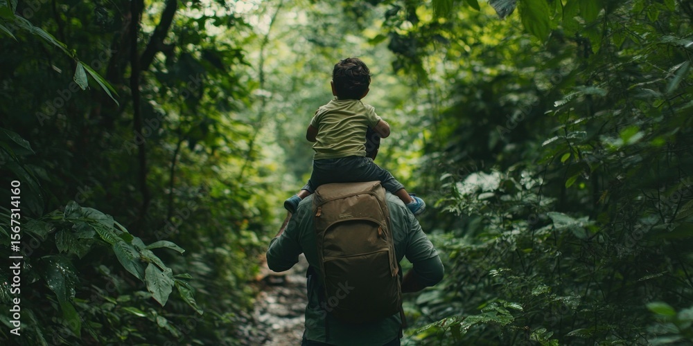Fototapeta premium A father carrying his child on his shoulders while walking through a forest trail