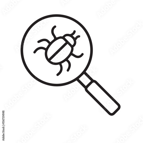 Bug Detection Icon with Magnifying Glass Outline Isolated on White Background