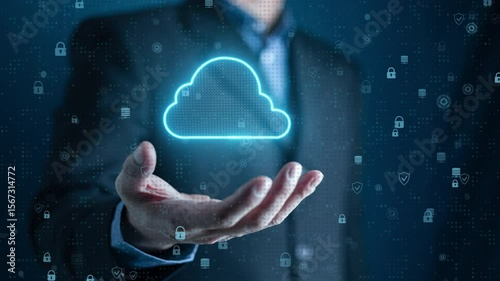 cloud computing concept. businessman holding cloud icon motion