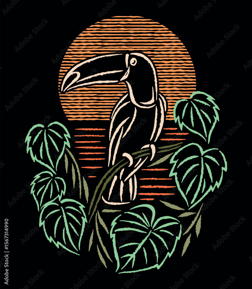 Fototapeta premium Colorful illustration in stylized lines of Toucan.