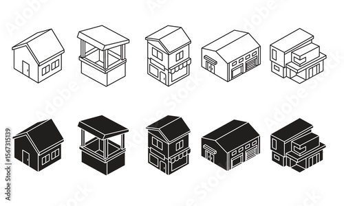 Isometric Building Icon Set Vector Outline Icons of House, Shop, Warehouse, and Kiosk