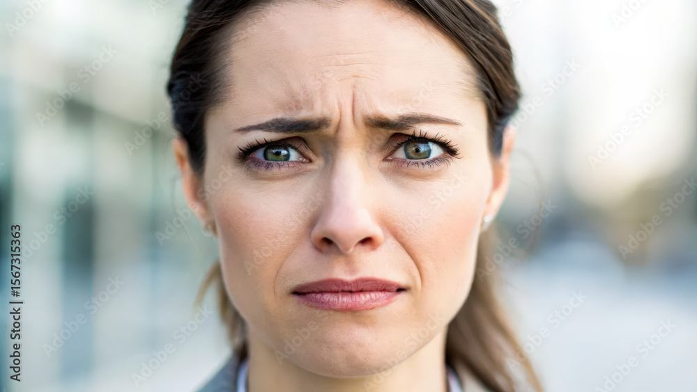 Naklejka premium Woman displays silent expression of concern, possibly due to migraine, reflecting deep thought and contemplation in busy environment