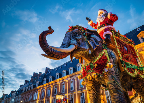  Illuminated and colorful christmas figure on Christmas market with blue sky